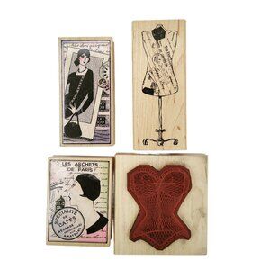 4 Vintage Images Wood Mounted Rubber Stamps - French Ladies - Dressform - Corset